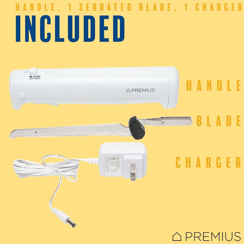 PREMIUS Professional Cordless Rechargeable Easy-Slice Electric Knife, Reciprocating Serrated Stainless-Steel Blades, Safety-Lock Trigger Release, Carving Meats, Turkey, Breads, Fruit, Crafting Foam, White - Image 4